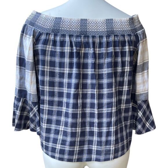 LOFT Blue and White Checkered Off-Shoulder Bell Sleeves 3/4 super cute Large - Picture 3 of 5